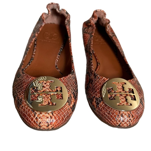 Tory Burch Reva Doria Dune Gold Snakeskin Ballet Flats Gold Logo Rare Colorway 7 - Picture 2 of 8